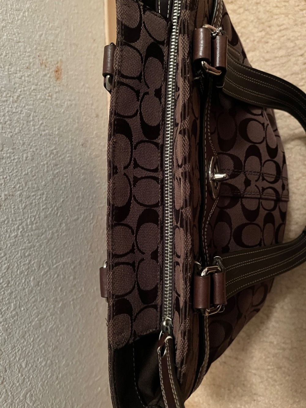 Coach F13973 Signature Canvas Tote Purse Dark Brown Leather Shoulder Bag Handbag - Picture 5 of 7